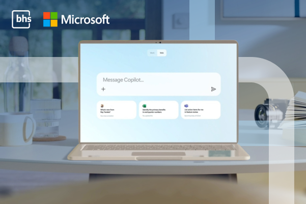 Interface do Microsoft 365 Copilot em notebook, com logos da BHS e Microsoft