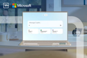 Interface do Microsoft 365 Copilot em notebook, com logos da BHS e Microsoft